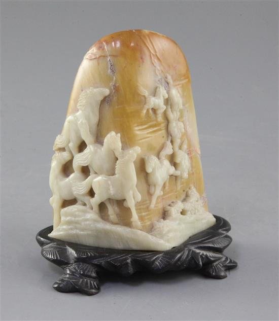 A Chinese shoushan stone boulder carving, probably Republic period, height 11cm, wood stand